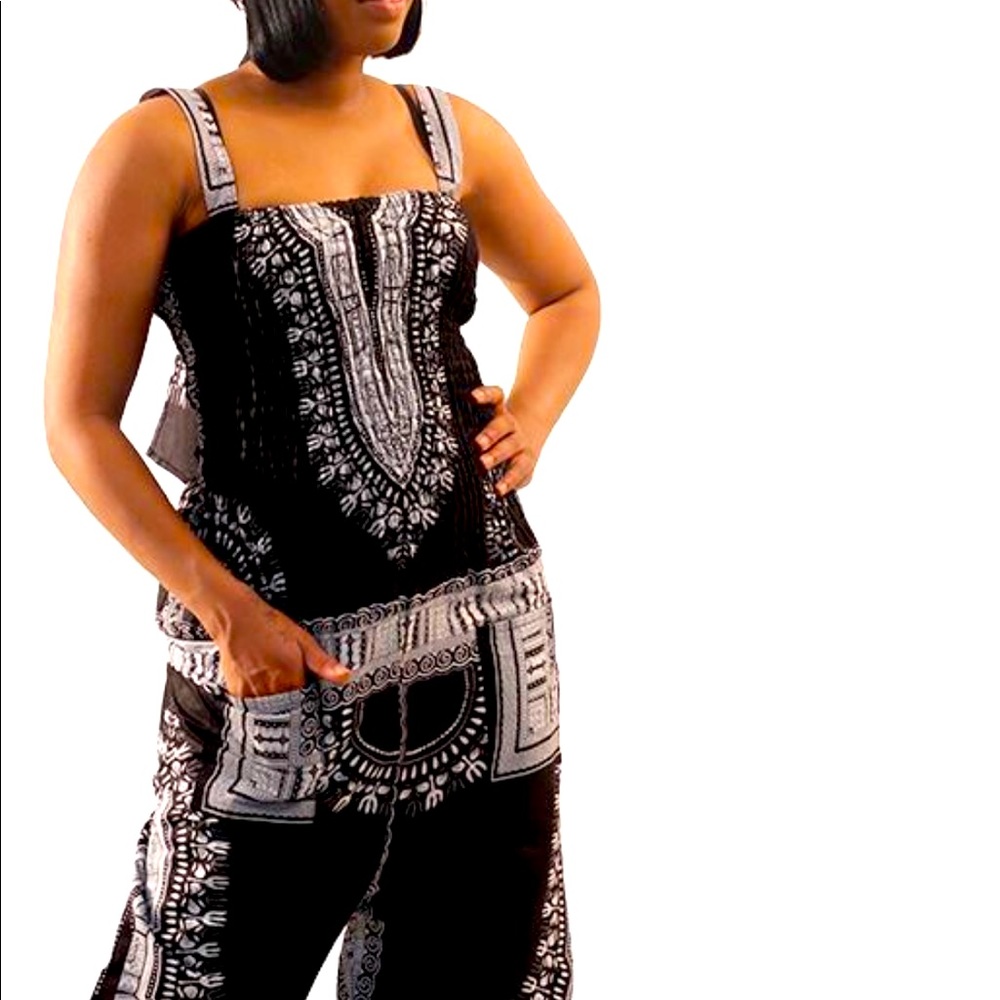 Traditional Print Jumpsuit. Sleeveless, wrapped halter top, and ankle length.